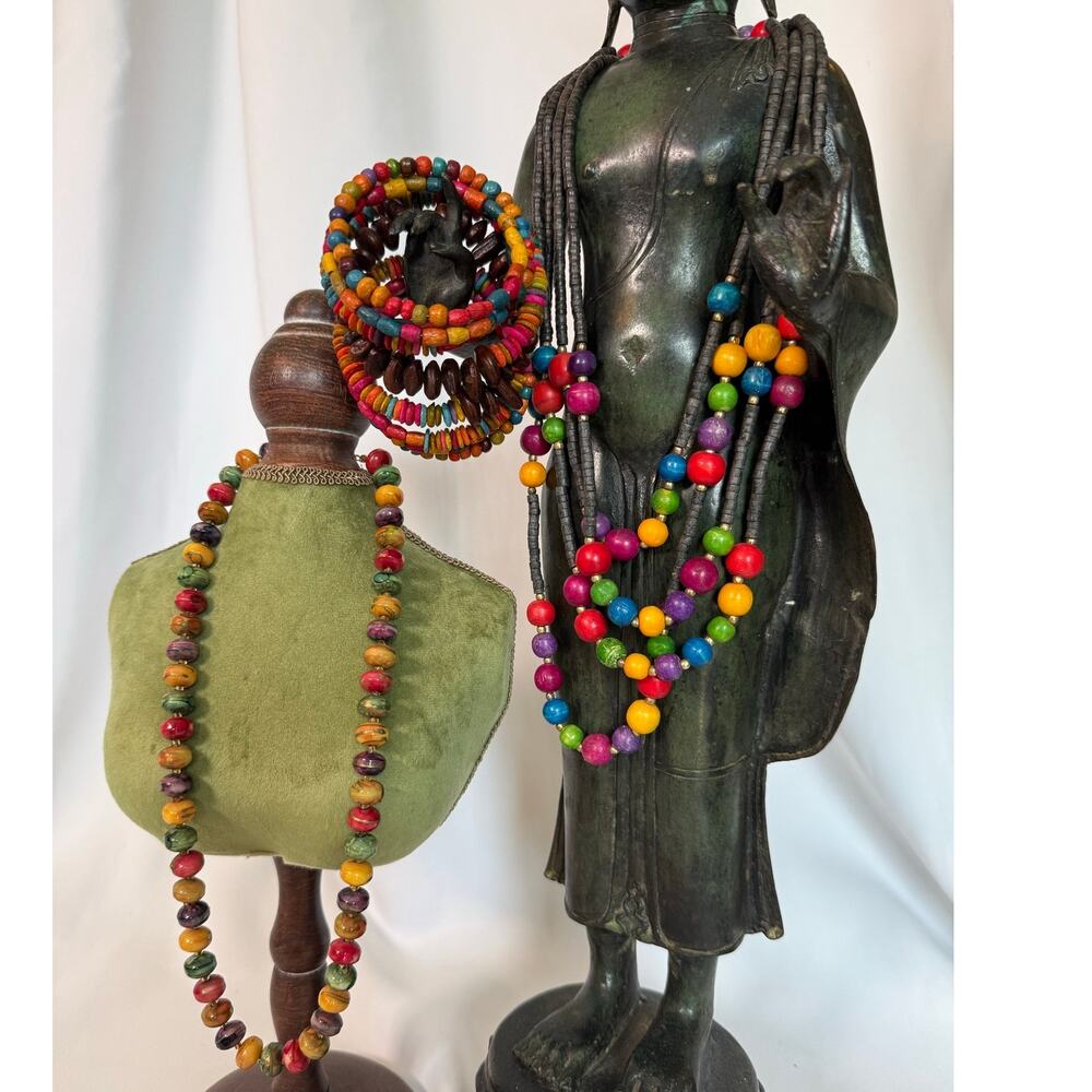 Vintage Boho Wood Bead Jewelry Set Multi Strand Necklace Bracelet Festival
